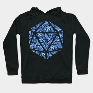 Delft Blue Gradient Rose Vintage Pattern Silhouette D20 - Subtle Dungeons and Dragons Design Hoodie